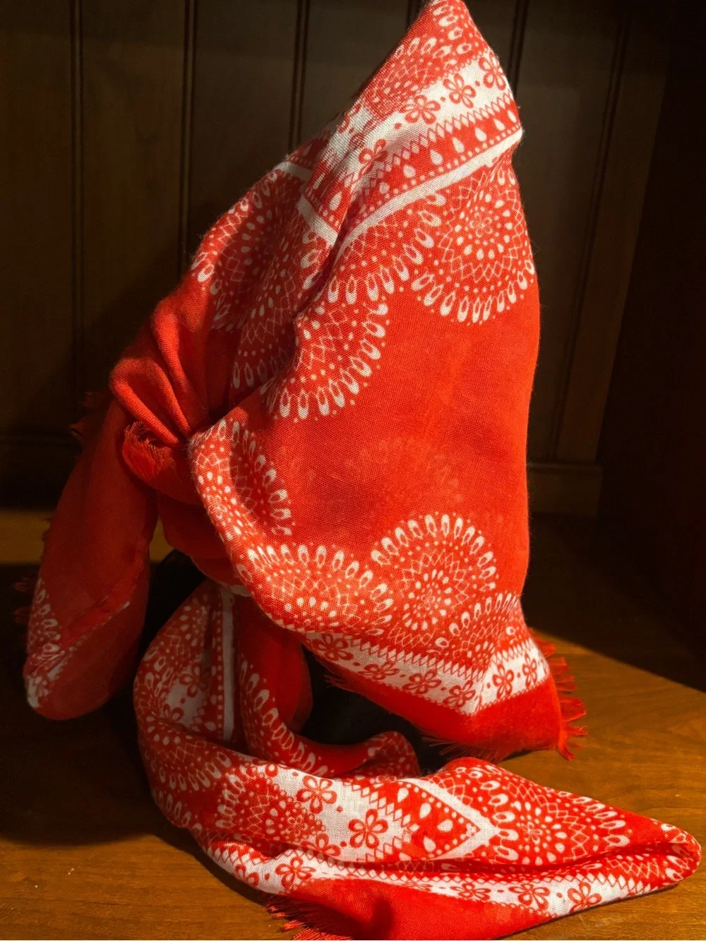 VTG vibrant red-and-orange lightweight infinity scarf with an ornate mandala